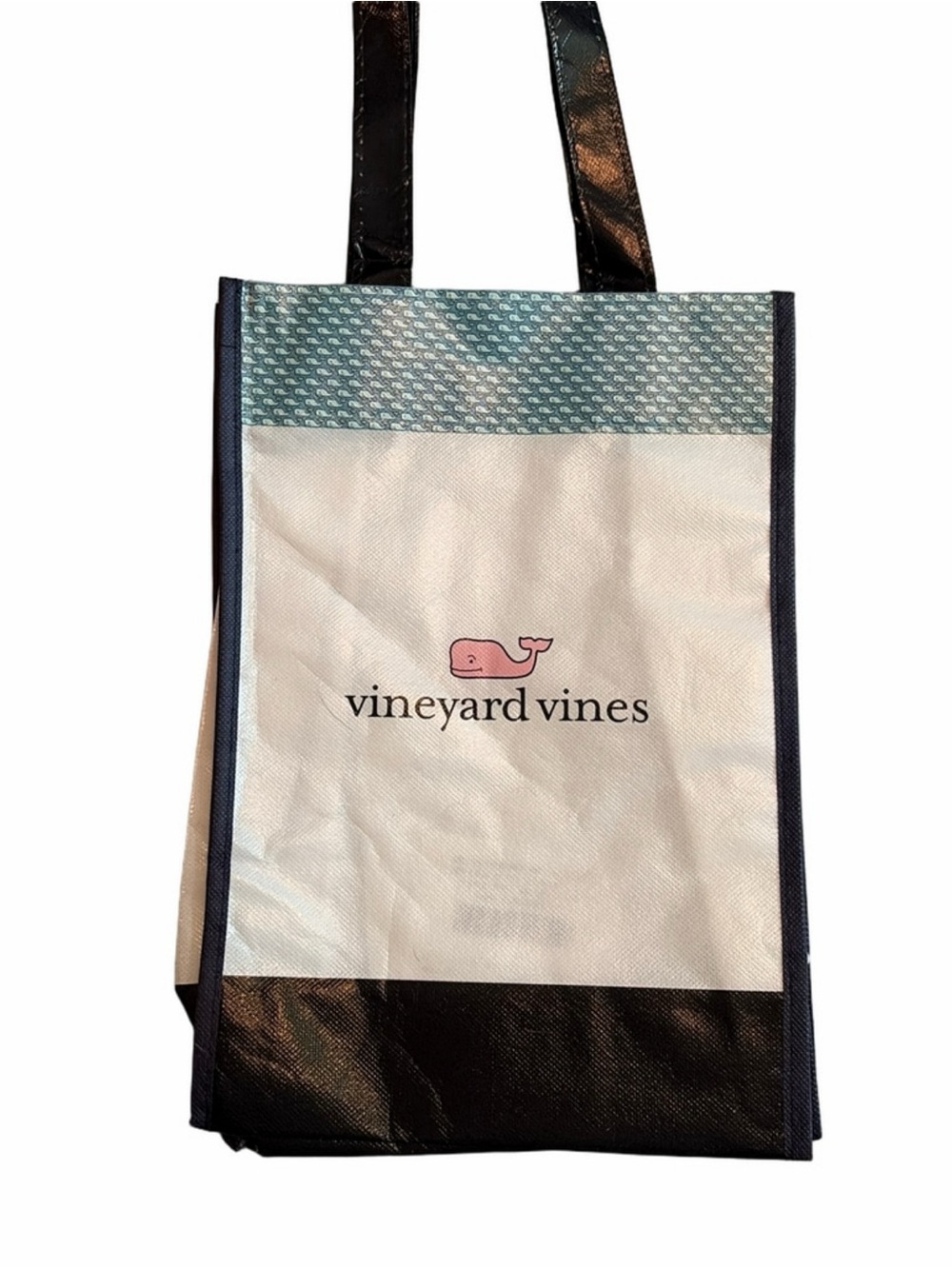 Vineyard Vines Cream & Navy Tote with Pink Whale Logo